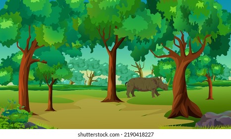 Forest landscape with huge green trees and wild animals are waling inside the jungle.