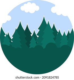 Forest landscape. Forest landscape icon with green Christmas trees on blue sky background. Vector, cartoon illustration. Vector.