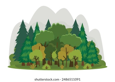 ilustración de paisaje forestal con árboles y montaña