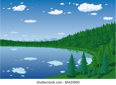 Forest landscape with lake under cloudy sky.