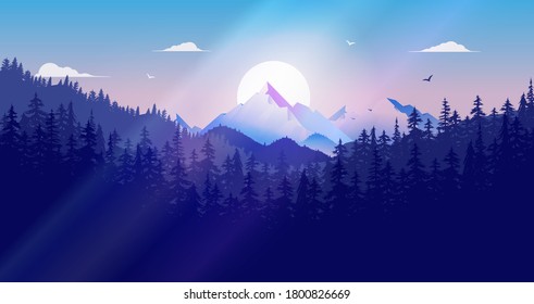 Forest landscape and lights. Beautiful view over forest and trees to mountain range and sun in blue colours. Cold nordic and adventurous background. Vector illustration.