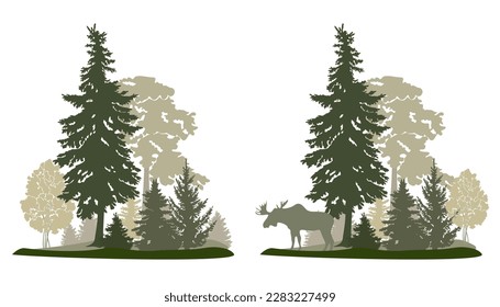 Forest landscape with moose silhouette , green colors, vector illustration.