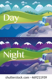 forest landscape mountains river simple stylized vector illustration