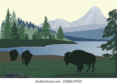 Forest landscape  with mountains, trees, lake, bisons silhouettes,  vector illustration.