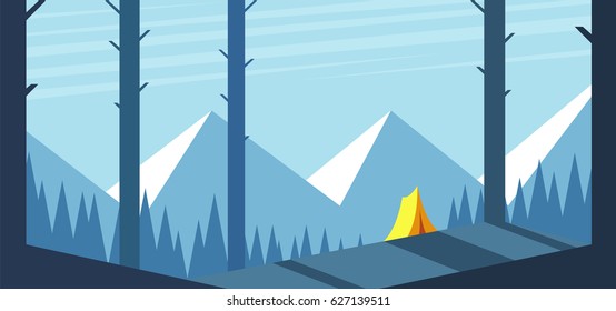 Forest landscape with mountains and a yellow tent on the hill. Summer camp vector illustration. Camping and hiking