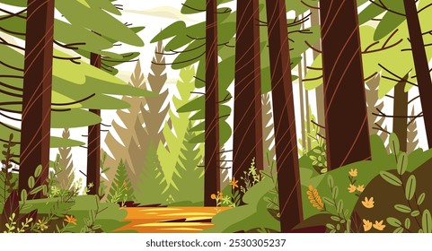 Forest landscape nature scene with lush greenery tall trees and vibrant plants. Detailed foliage in foreground and background. Ideal for website design or banner