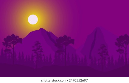 Paisaje forestal de noche con montañas y luna