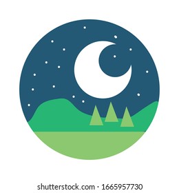 forest landscape night scene flat style icon vector illustration design