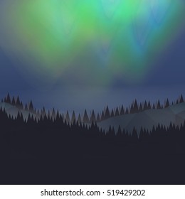 Forest Landscape with Northern Aurora - Vector Illustration