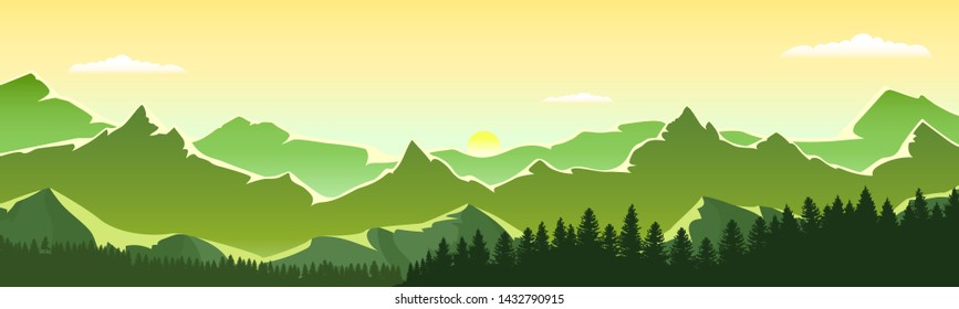 Forest landscape on the background of mountains.Stock vector illustration. Panoramic background with mountain views. EPS 10.
