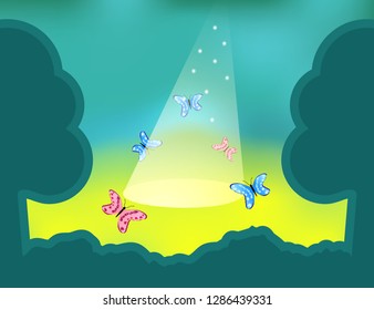 Forest landscape. On a clearing in the forest, butterflies are flying in the sunbeam.