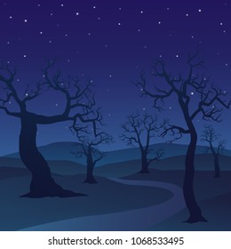 Forest landscape on night day with dead trees and a starry sky