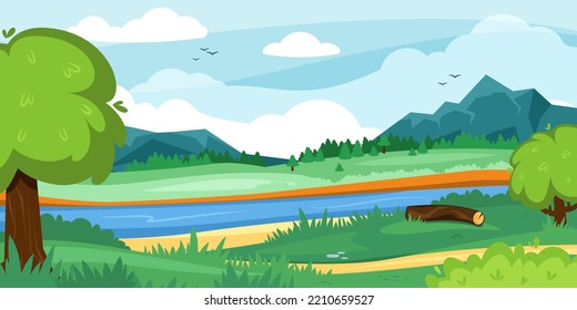 forest landscape. outdoor horizon with river green hills and trees. Vector cartoon seasonal background