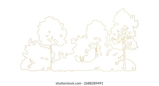 Un dibujo de contorno de paisaje forestal con árboles y arbustos en colores otoñales. Representa la naturaleza, al aire libre y un ambiente sereno sobre un fondo blanco.