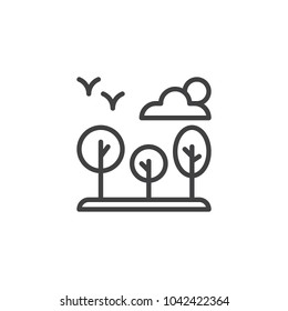 Forest landscape outline icon. linear style sign for mobile concept and web design. Trees clouds and flying birds in the sky simple line vector icon. Symbol, logo illustration