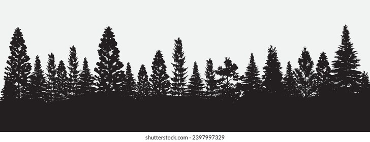Panorama del paisaje forestal con árboles de coníferas. Siluetas negras de abetos, pinos y christmas sobre fondo blanco, ilustración vectorial