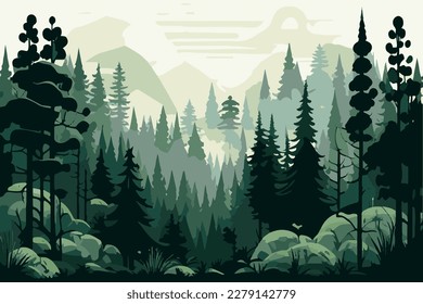 Forest landscape. Panorama of the forest. Eco forest. Vector illustration of a green forest.