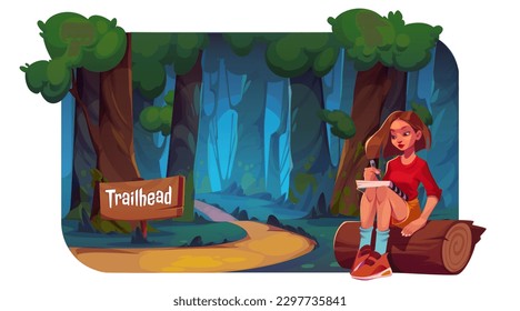 Forest landscape with path and girl sitting on log. Summer park or woodland with hiking headtrail, trees with green foliage and young woman with notebook, vector cartoon illustration