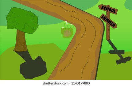 Forest landscape with a path and a wooden signal with two directions: Summer and School. Concept of back to school.
