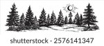 forest landscape with pine trees and sun in black and white hand-drawn style