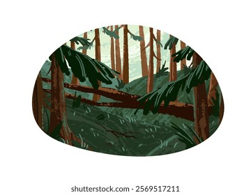 Forest landscape with pines, spruces, fir trees. Drawing woodland scenery. Conifers, green woods in solitude, calmness. Wild nature. Flat isolated hand drawn vector illustration on white background