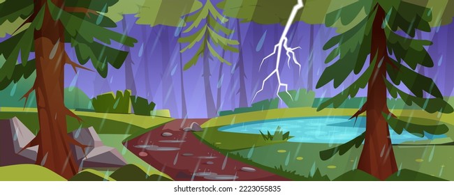 Forest landscape with pond, green trees and bushes in rain. Nature scene with lake, footpath with stones and lightning in dark sky. Vector cartoon illustration of natural park with thunderstorm.