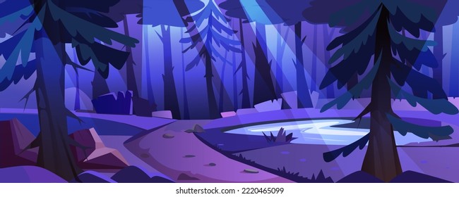 Forest landscape with pond, trees, bushes, footpath with stones in moonlight. Night nature scene with lake, path and moon rays. Vector cartoon illustration of dark natural park with glade and water.