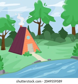 forest landscape. red Cabin with chimney smoke near river.vector illustration