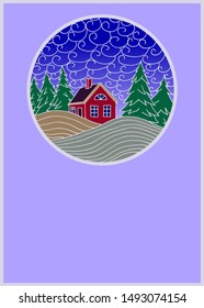 Forest landscape with a red house. Landscape in a circle.