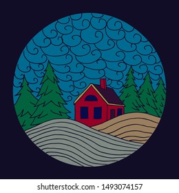 Forest landscape with a red house. Landscape in a circle.