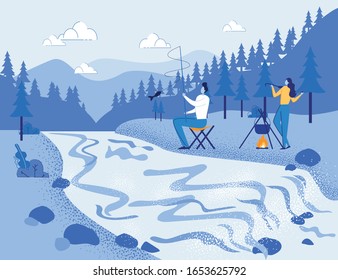 Forest Landscape with River Background and People Cartoon Characters Fishing and Preparing Meal. Young Couple or Family Outdoor Recreation Camping Activity. Flat Cartoon Vector Illustration.