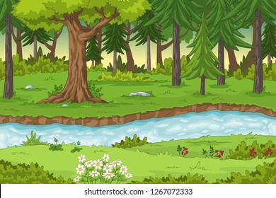 Forest landscape with a river, hand draw illustration