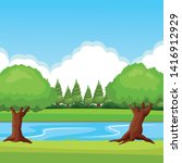 forest landscape with river and leafy tress icon cartoon