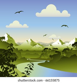 A Forest Landscape with River, Trees and Mountains