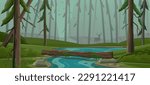 Forest landscape with a river. Twilight coniferous forest in the gorge, fallen dry tree thrown across the riverbed. Wildlife panorama, deer silhouette. Evergreen trees. Vector cartoon illustration.