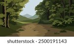 Forest landscape with road and mountain