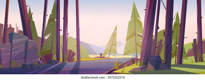 Forest landscape with road and mountains on horizon. Vector cartoon illustration of nature scene with car highway, coniferous trees, stones and mountain valley at morning. Trip and journey concept