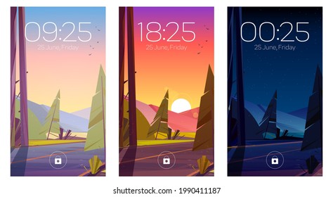 Forest Landscape With Road And Mountains On Horizon At Morning, Evening And Night. Vector Template For Mobile Phone Screensaver With Time And Cartoon Nature Background