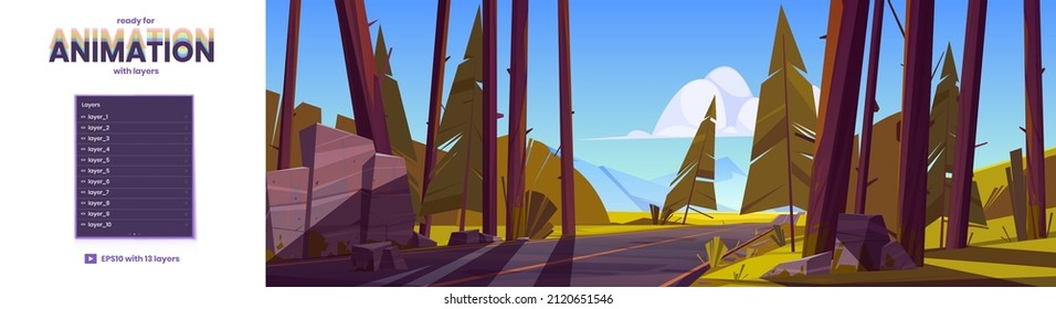 Paisaje forestal con carreteras y rocas en el horizonte. Escenario natural con carretera asfaltada, árboles de coníferas, piedras y valle de montaña. Ilustración vectorial con capas preparadas para la animación