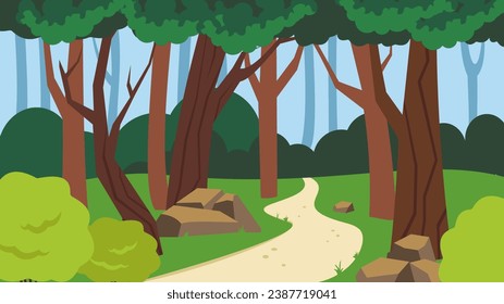 Forest landscape with road, trees, rocks and bushes. Vector illustration