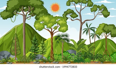 Waldlandschaft tagsüber mit vielen verschiedenen Baumgrafiken