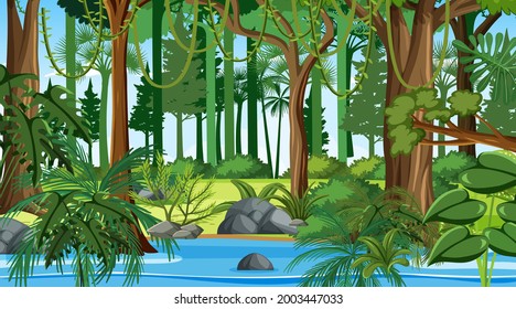 Escenario forestal a la hora del día con muchas ilustraciones arbóreas diferentes