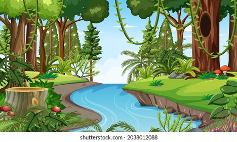 Forest landscape scene at day time with many different trees illustration
