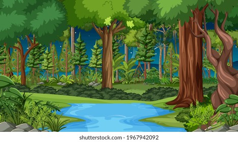 Forest landscape scene at night with many different trees illustration