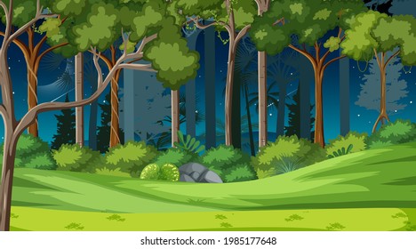 Forest landscape scene at night with many different trees illustration