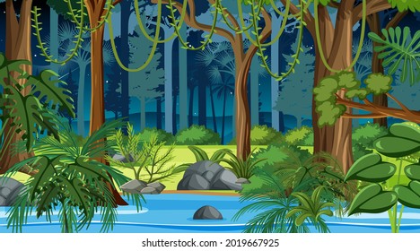 Forest landscape scene at night with many different trees illustration