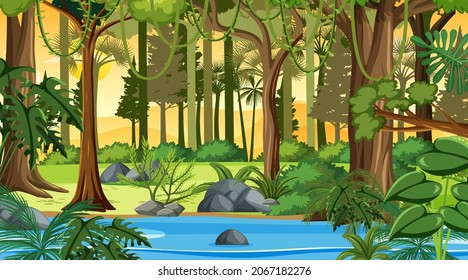 Escenario del paisaje forestal al atardecer con muchas ilustraciones de árboles diferentes