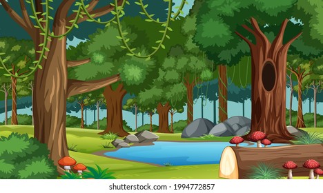 Forest landscape scene with various forest trees illustration