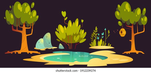 Forest landscape set with trees, pond, stones and beehive hanging on branch. Vector cartoon set of nature scene with lake, green bush and grass, flowers, bees and hive isolated on black background