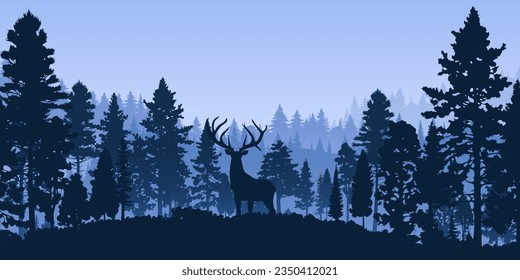 Forest landscape silhouette in blue hues. The coniferous trees and horned deer are in silhouette against a foggy horizon. For backgrounds, banners, travel and adventure designs